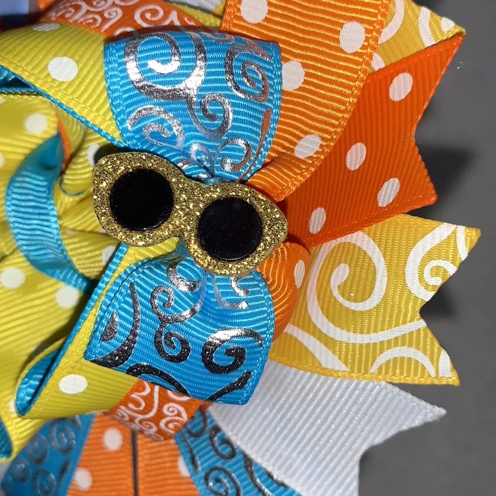 Big Sunshine Day Hairbow Bow OTT Custom Made Orange Yellow & Blue EUC